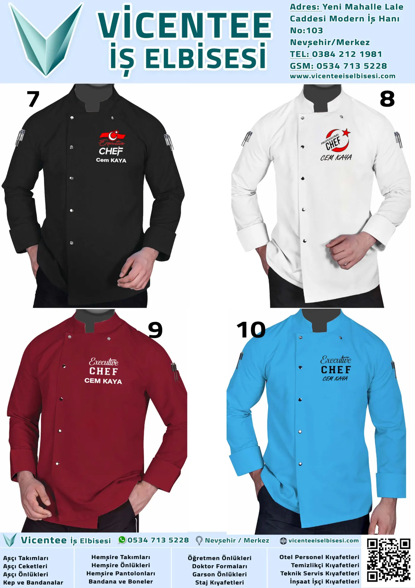 Vicentee Aşçı ceketleri kataloğu, sayfa 3: Aşçı ceketi modelleri 7–10: nakışlı chef ceketleri